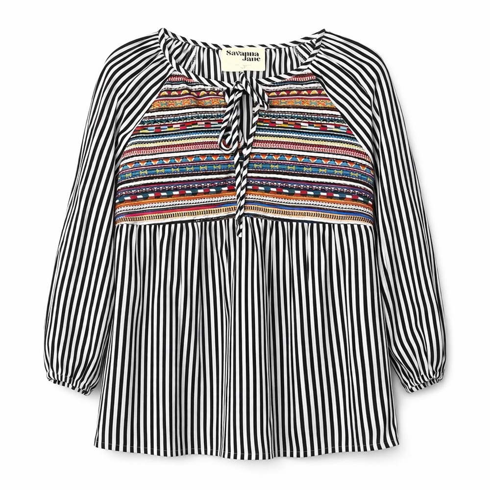 Savanna Jane Boho Embroidered Peasant Blouse Multicolor‎ Stripe Small NWT